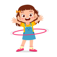 happy cute little kid girl play hula hoop - obrazy, fototapety, plakaty