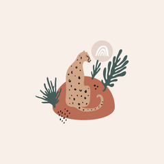 Cartoon cute happy leopard in the jungle. Hand drawn wild cat. Creative modern nursery poster or banner. Pastel colors. Flat design collage composition. Vector illustration. Clipart