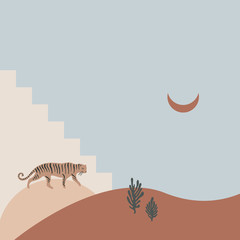 Cartoon cute tiger and Moon in desert. Hand drawn wild cat. Flat design collage composition. Creative modern nursery poster or banner. Pastel colors. Vector illustration. Clipart