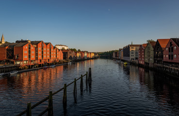 Evening sunset cityscape of Trondheim, Norway - architecture background in july 2019