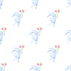 Easter seamless patterns with hand drawn cute bunnies and spring flowers. Watercolor colorful background