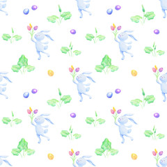 Easter seamless patterns with hand drawn cute bunnies and colored eggs. Watercolor colorful background