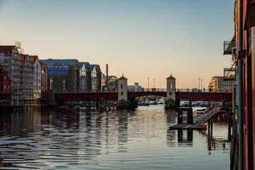 Evening sunset cityscape of Trondheim, Norway - architecture background in july 2019