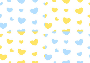Pattern with little yellow and blue  hearts on a white background
