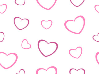 Pattern with contour pink hearts on a white background.