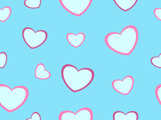 Blue hearts with pink outline on a blue background. Pattern
