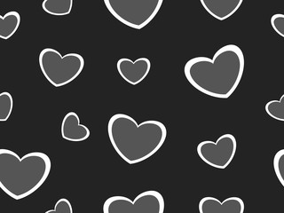 Grey hearts with white outline on a black background. Pattern