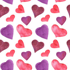 Romantic watercolor seamless pattern with pink hearts