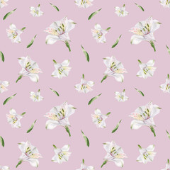 Watercolor white alstroemeria seamless pattern