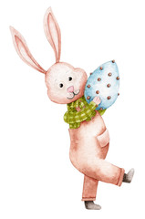 Easter cute bunny with easter beautiful egg, watercolor illustration
