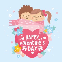 Valentine's Day greeting card. Cute illustration with sweet couple in a scarf, big heart with lettering and love theme elements. Romantic relationship lover.