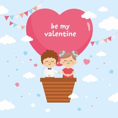 Valentine's Day greeting card. Sweet couple fly in a balloon. Big heart with lettering and love theme illustration.
