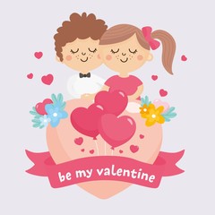 Valentine's Day greeting card. Cute illustration with sweet couple, big heart with lettering and flowers bouquet. Romantic relationship lover.