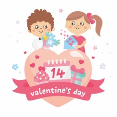 Valentine's Day greeting card. Cute illustration with sweet couple, big heart with lettering and love theme elements. Romantic relationship lover.
