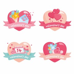 Set of cute heart shaped Valentine's Day stickers. Heart labels with envelope, flowers bouquet, calendar and sweet candies.