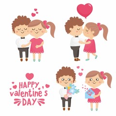 Set of happy Valentine's Day couple in love on date. Romantic relationship lover illustration. Boyfriend give flower.