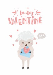 Be my Valentine. Cute sheep with hearts envelope in cartoon style. Funny Valentines day card. Childish concept illustration. Hand drawn letters.