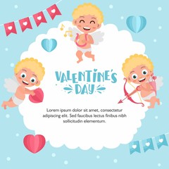 Romantic greeting card. Illustration of cute cartoon cupids. Cupid angels shoots a bow, flies in the clouds. Original holiday design. Template for banner, Valentine s Day poster.