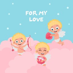 Valentines day greeting card. Cute baby cupid characters with hearts. Amur with a bow, flies in the clouds, holding a gift.