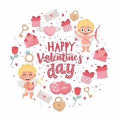 Romantic greeting card. Hand-lettering message Happy Valentine's Day . Template for wedding invitation, banner, Valentine s Day poster. Original holiday design with cupid angels.