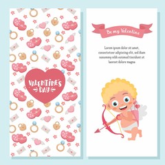 Valentine's Day greeting card set. Illustration of cute cartoon cupid. Cupid angel shoots a bow and big heart with hand-lettering. For postcard or invitation