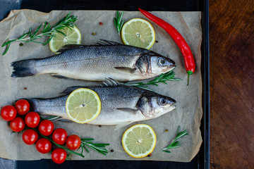 Fresh sea bass. Raw fish sea bass with spices and herbs on black slate table.