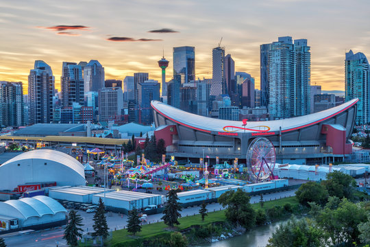 Sunset Over Calgary Skyline And The Annual Stampede Event