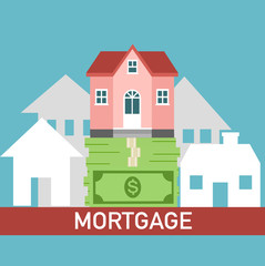 House on money banknote pile with houses background. Home mortgage loan concept vector illustration.
