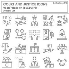 Court and Justice Icon Set, Icons Collection of Lawyer Legal and Law Consulting Symbol. Barrister Judge for Criminal Investigation, Vector Illustration Concept Design.