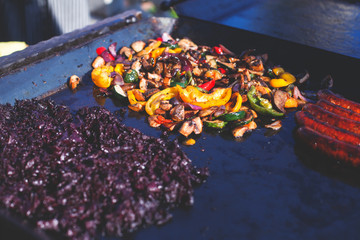 Variety assortment of different traditional Hungarian street food at one of the stalls in the streets of Budapest, Hungary, spring and Easter Market