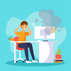 Sad man sits in front of a broken computer. Scared office worker holds his head. Computer is smoking.