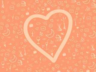 Love cord with heart shape, doodles, and ornaments in warm pink background