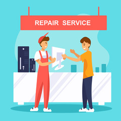 Obraz premium Happy customer picks up his computer from a electronics repair service. Flat vector illustration.