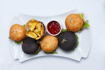 Sandwiches, french fries and sauce on a white dish. Restaurant serving.