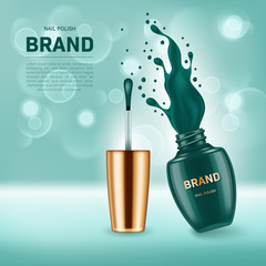 Realistic open nail polish bottle with splash on background with bokeh lights. Cosmetic brand advertising concept design