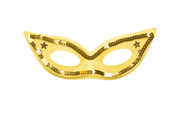 Yellow carnival mask with golden beads isolated on a white background