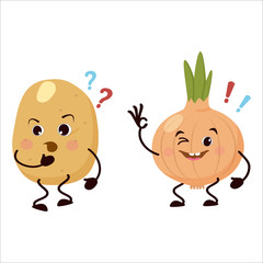 Fresh cartoon characters of vegetables, potatoes and onions, question and answer