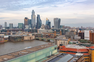Fototapeta na wymiar London United Kingdom industrial skyline on a cloudy winter day