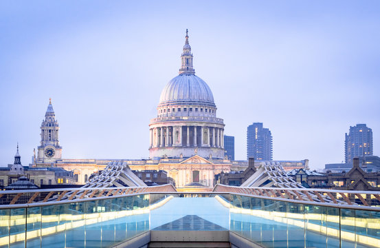 St Paul's Cathedral And The Millennium Bridge On A Winter Morning In London	