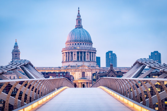St Paul's Cathedral and the Millennium Bridge on a winter morning in London