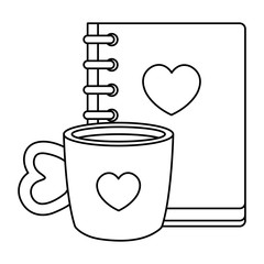 notebook with heart and cup coffee isolated icon