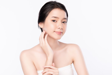 Portrait beautiful young asian woman clean fresh bare skin concept. Asian girl beauty face skincare and health wellness, Facial treatment, Perfect skin, Natural make up, on white background,two