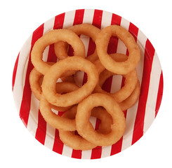 Onion rings tasty fast food on red white striped plate