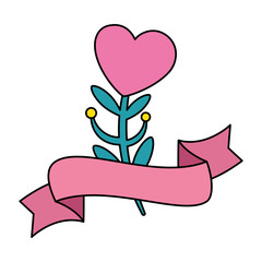 cute flower in shape heart with branch and ribbon