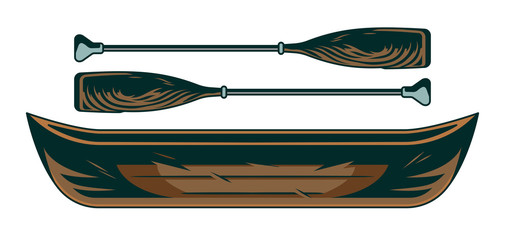 Vintage wooden the boat canoe with couple of oars