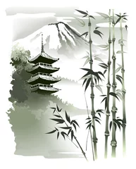 Oriental Temple, Pagoda on a background of mountains and bamboo shoots. Vector illustration in traditional oriental style. © shark192009