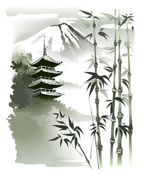Oriental Temple, Pagoda on a background of mountains and bamboo shoots. Vector illustration in traditional oriental style.