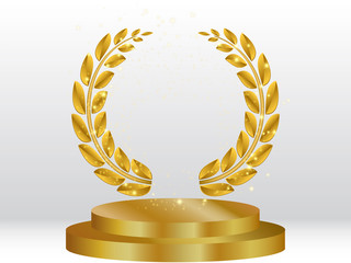Vector golden laurel wreath frame award and stage podium isolated on white background. Victory, honor achievement, quality product presentation, anniversary party, creative or professional triumph.