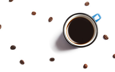 Cup of black coffee, top view, copy space