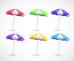 Summer side view umbrella vector set isolated on white. Seashore recreation tourism. Sun protection idea. Tropical holidays vacation symbol. Beach relaxation under the colorful awning on a sunny day.
